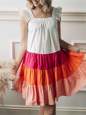 THML White Sleeveless Tiered Dress with Pink, Orange & Peach Colorblocks